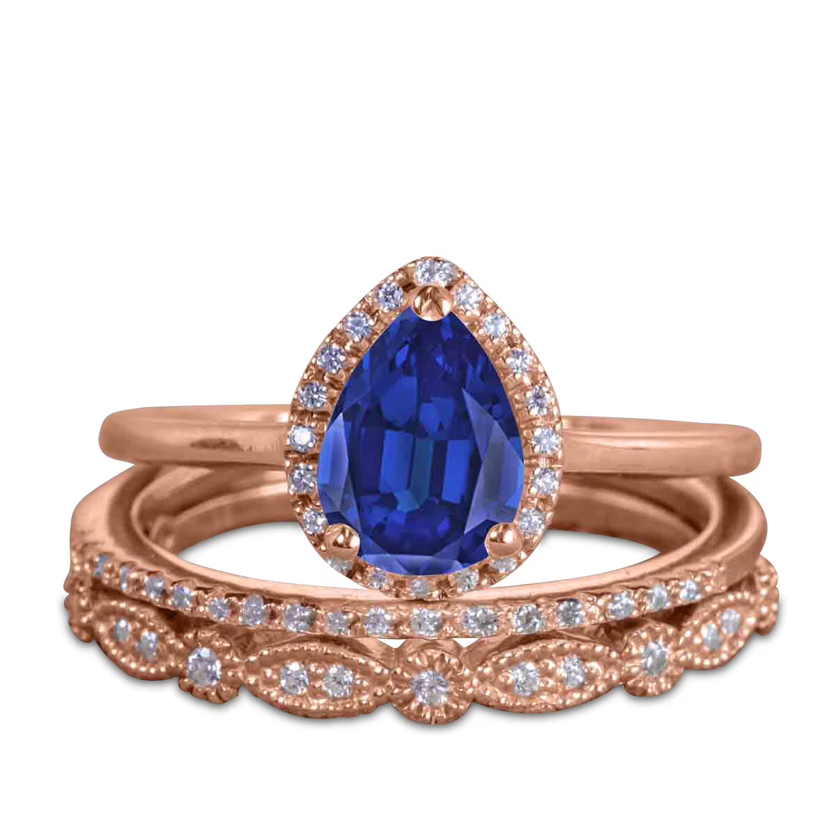 Pear Cut Lab Created Blue Sapphire Trio Wedding Ring Set A745