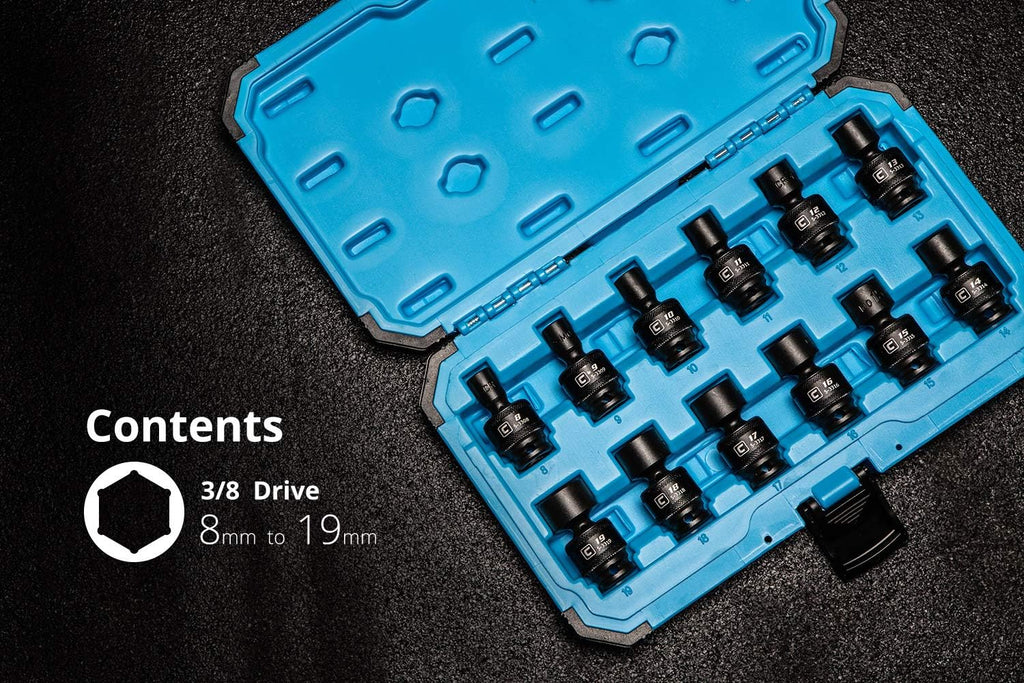 3/8 in Drive Universal Impact Socket Set, 8-19 mm Metric, 12-Piece Q8826