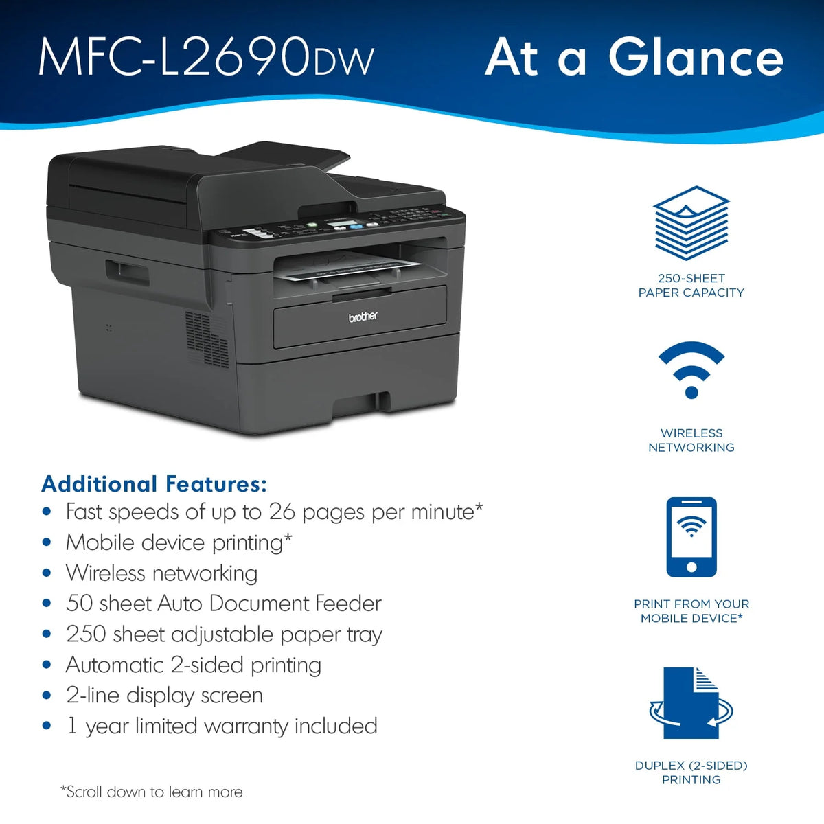Monochrome Laser All-in-One Printer with Duplex Printing and Wireless Connectivity D820276