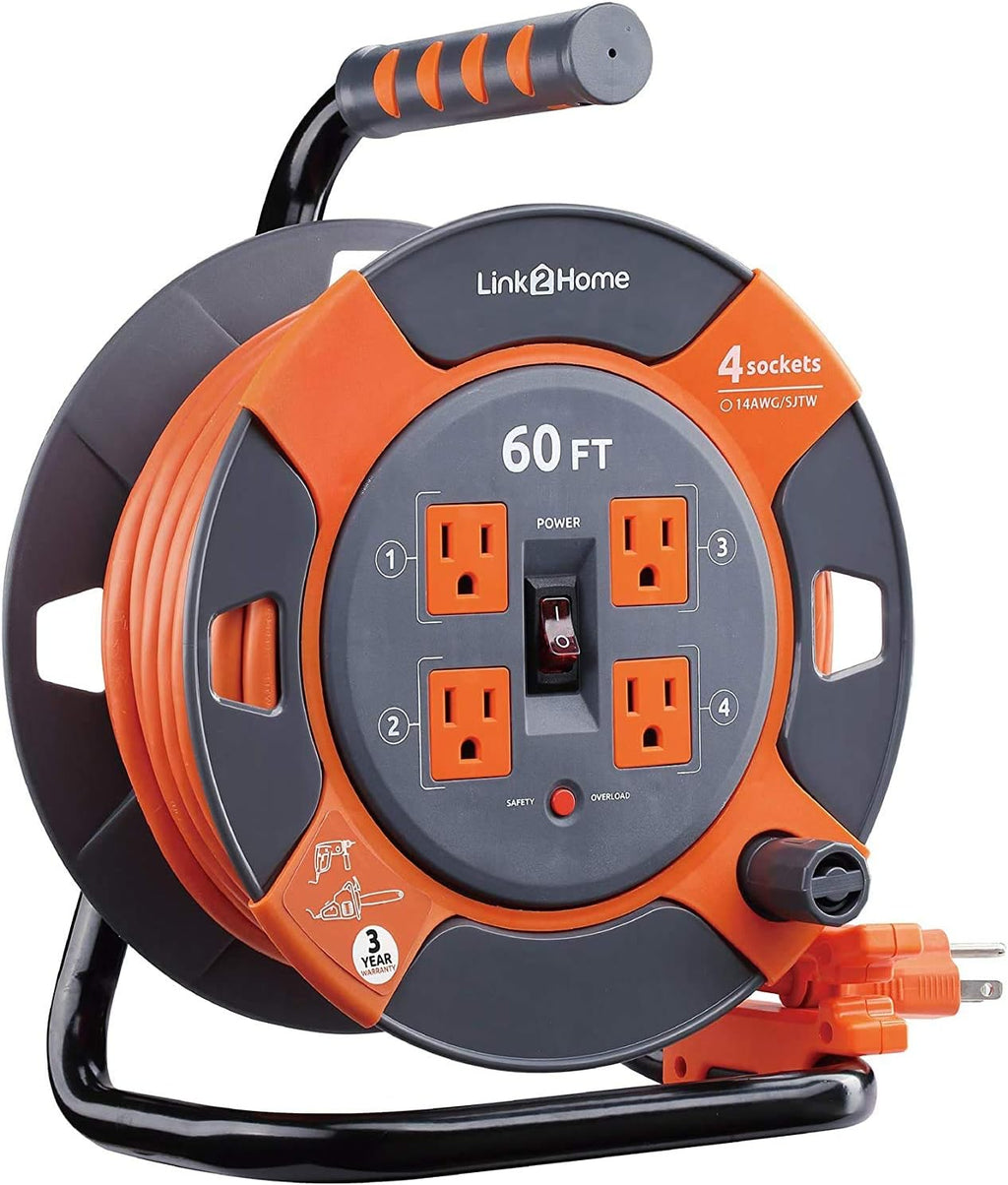 Cord Reel Extension Cord 4 Power Outlets 14 AWG SJTW 80 Feet L17545