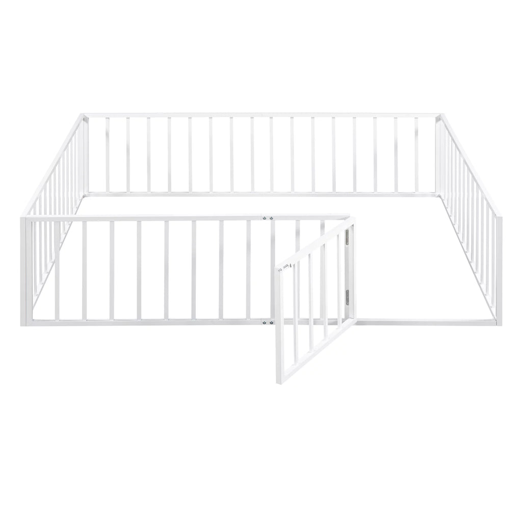 White Queen Metal Floor Bed with Fence Rails and Lockable Door M369846