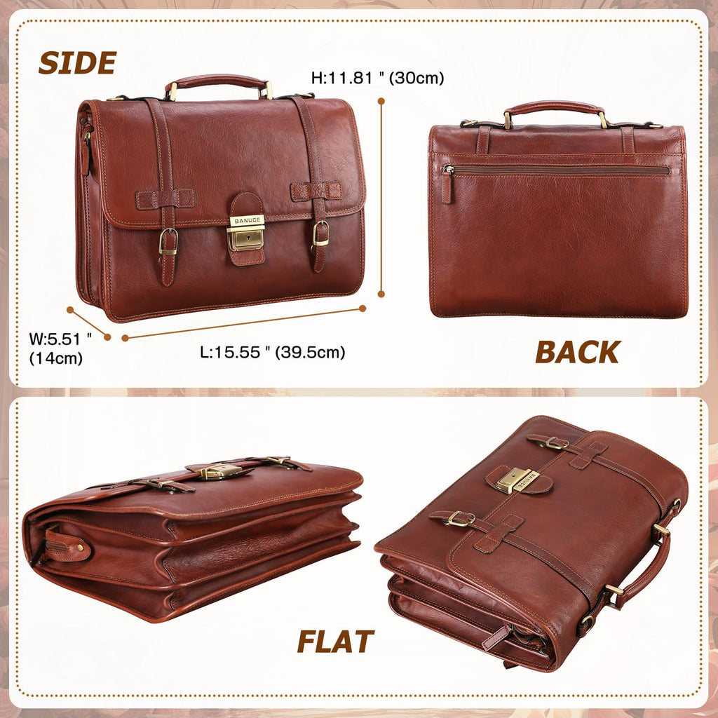 Vintage Genuine Full Grain Italian Leather Briefcase 14 Inch Laptop Bag Brown V93835