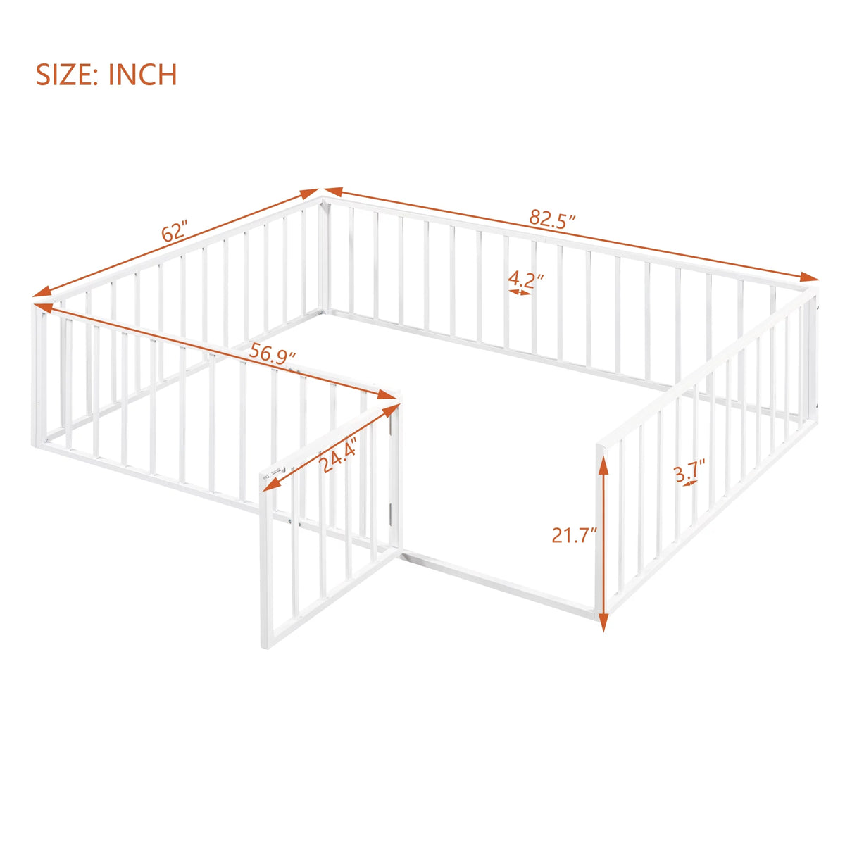 White Queen Metal Floor Bed with Fence Rails and Lockable Door M369846