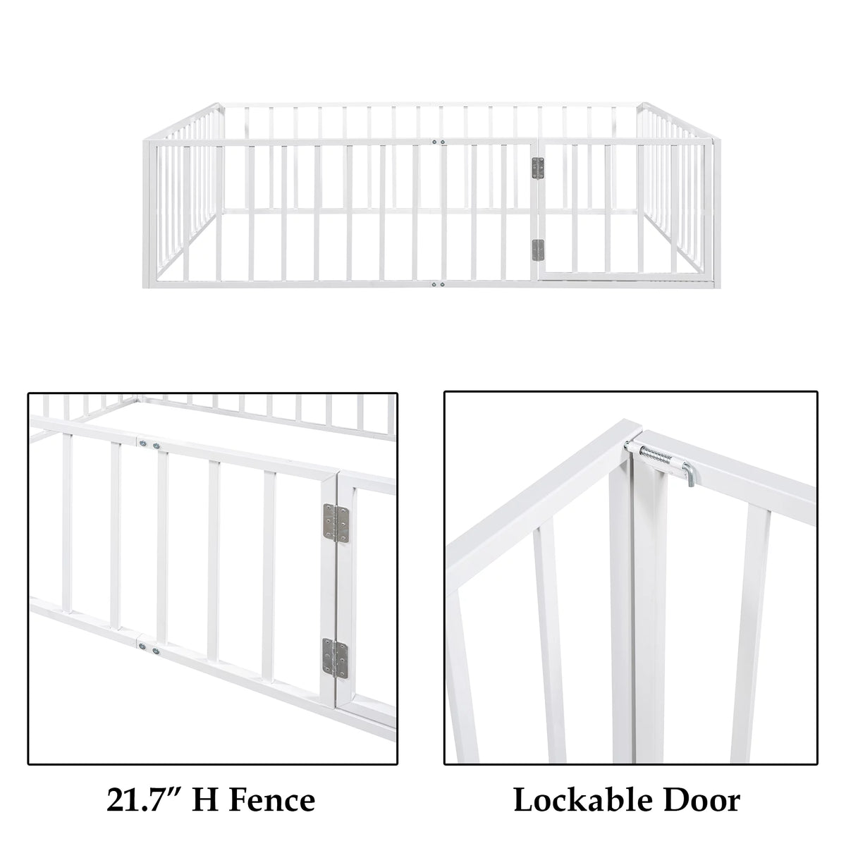 White Queen Metal Floor Bed with Fence Rails and Lockable Door M369846