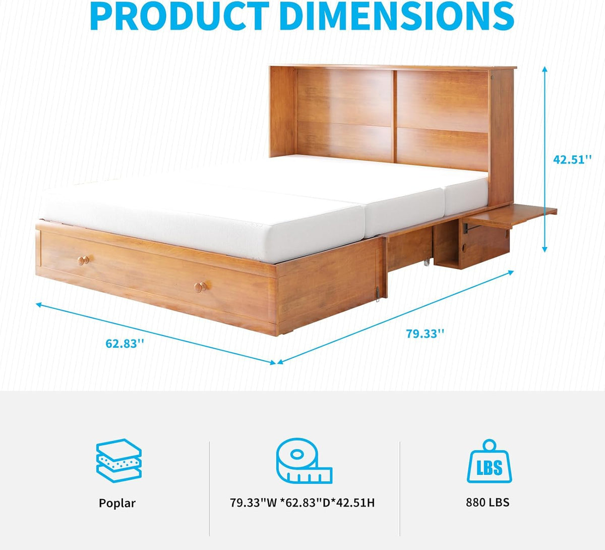 Queen Size Murphy Bed with Foldable Foam Mattress and Storage Drawer (Cherry) B688
