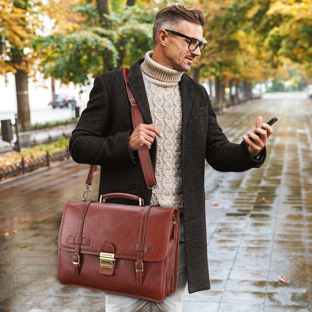 Vintage Genuine Full Grain Italian Leather Briefcase 14 Inch Laptop Bag Brown V93835