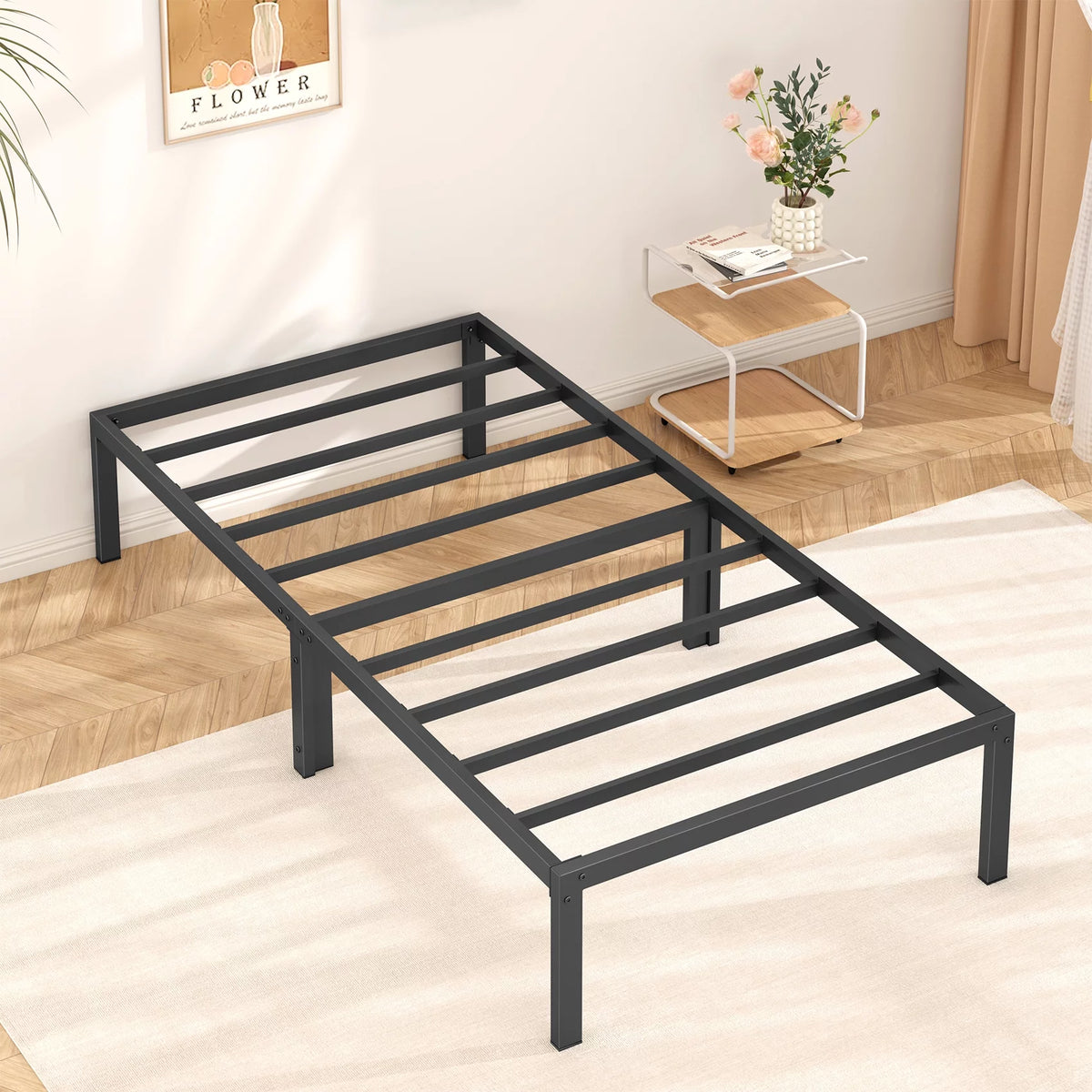 Black Twin Size Metal Platform Bed Frame with 14 inch Under Bed Storage C2032