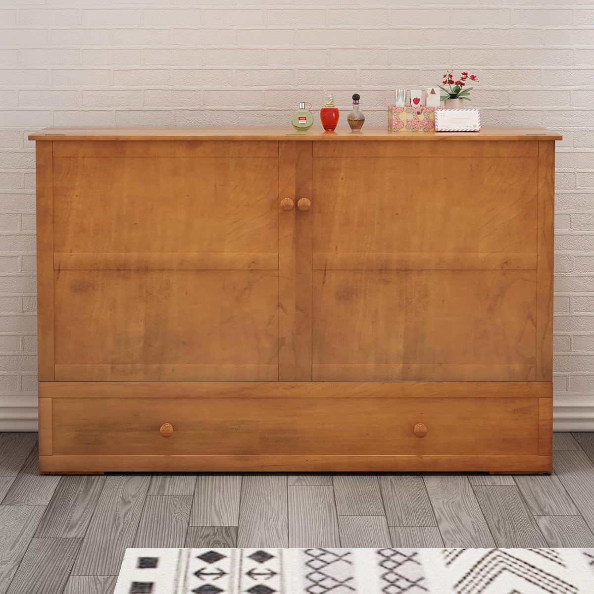Queen Size Murphy Bed with Foldable Foam Mattress and Storage Drawer (Cherry) B688