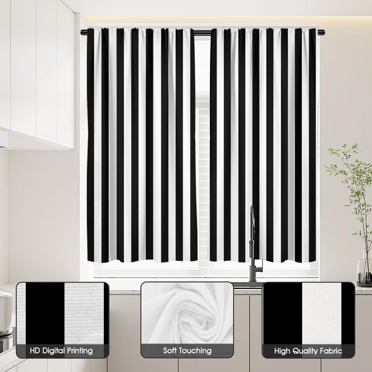 Black and White Striped 27.5" W x 39" L Kitchen Curtains 2 Panels Rod Pocket Z1979