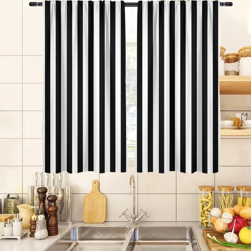 Black and White Striped 27.5" W x 39" L Kitchen Curtains 2 Panels Rod Pocket Z1979