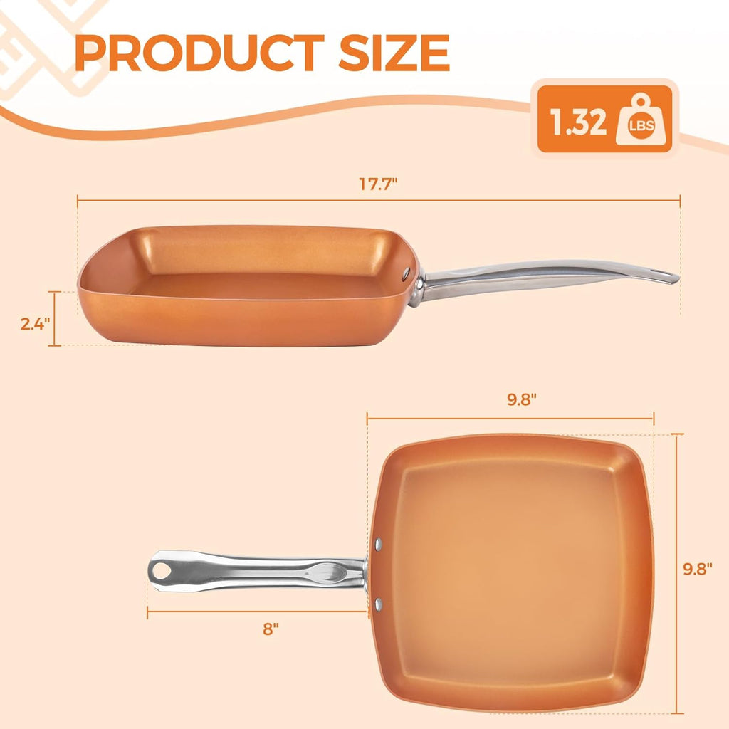 9.5" Non-Stick Copper Square Frying Pan with Ceramic Coating X608030