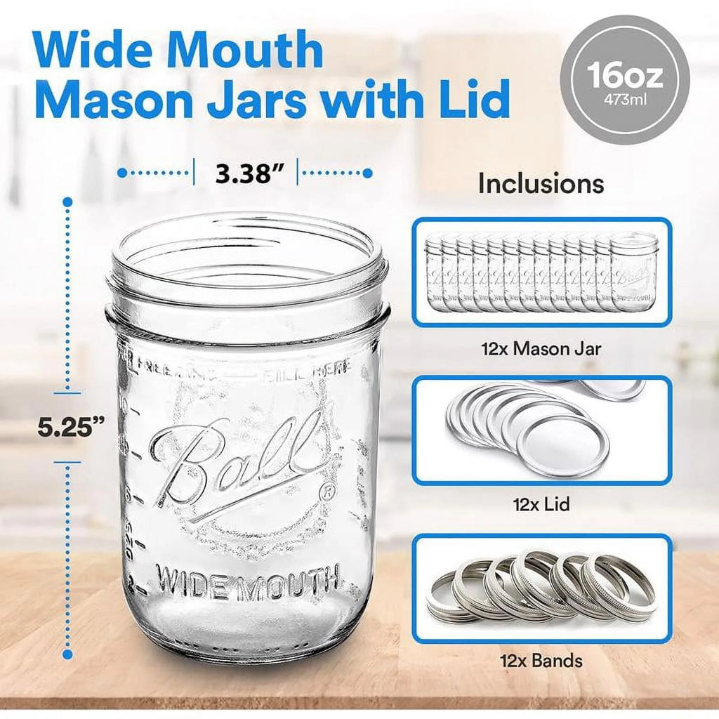 12 Count 16 oz Clear Glass Mason Jars with Lids & Bands D921