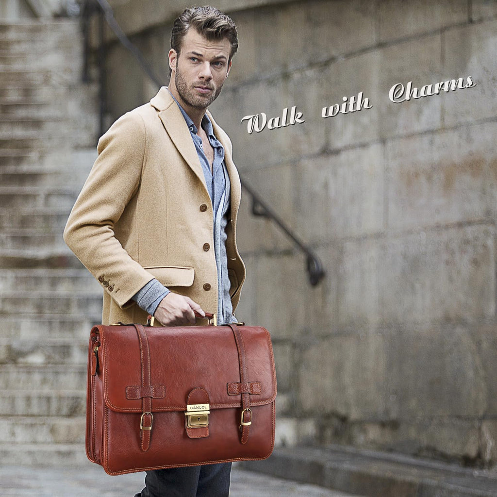 Vintage Genuine Full Grain Italian Leather Briefcase 14 Inch Laptop Bag Brown V93835