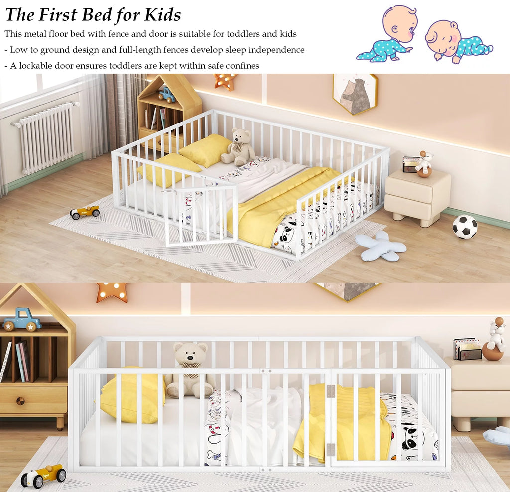 White Queen Metal Floor Bed with Fence Rails and Lockable Door M369846