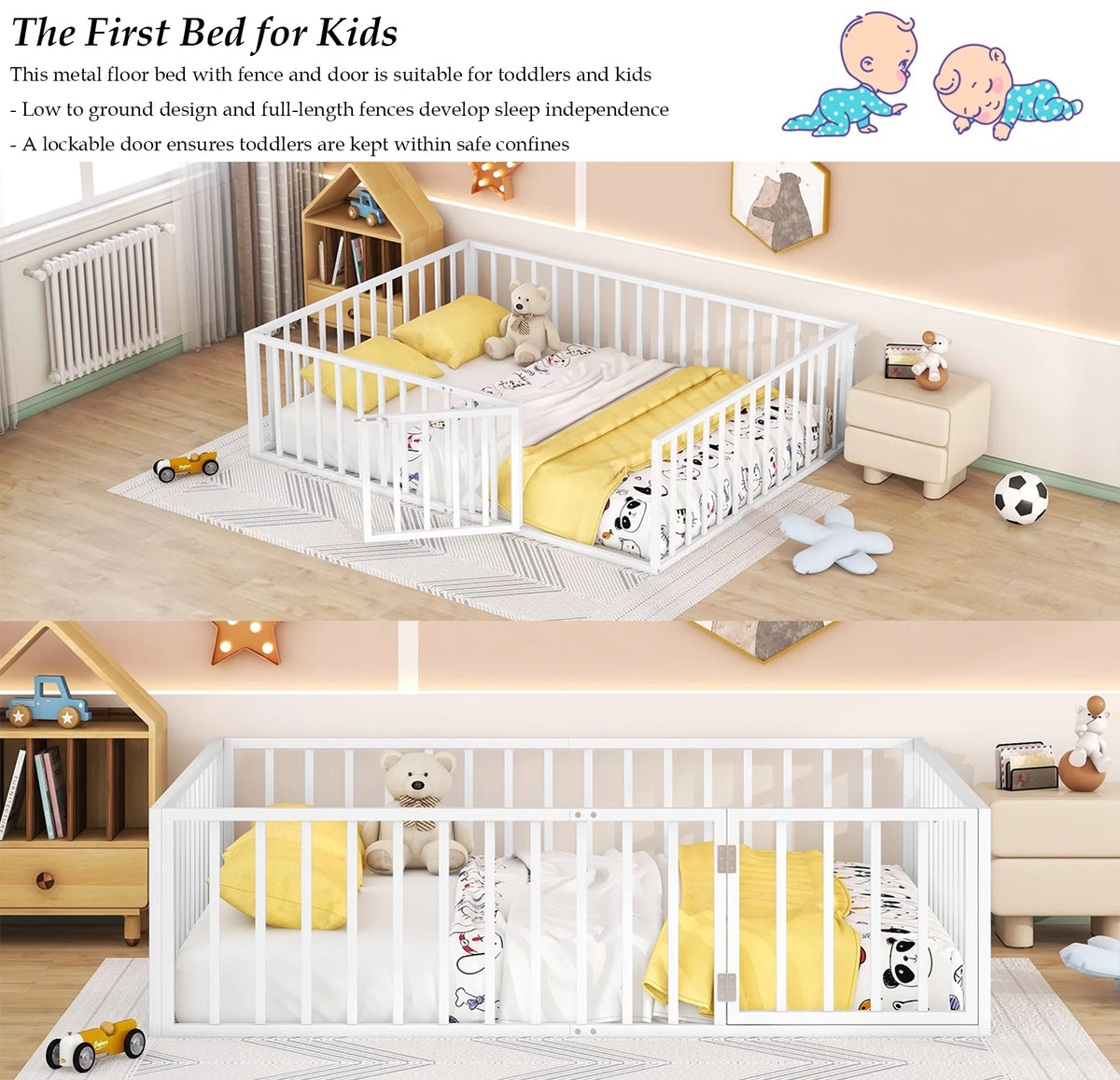 White Queen Metal Floor Bed with Fence Rails and Lockable Door M369846