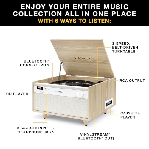 6-in-1 Turntable with CD & Cassette Player, Bluetooth, Walnut T3503
