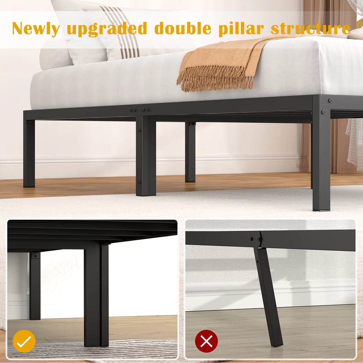 Black Twin Size Metal Platform Bed Frame with 14 inch Under Bed Storage C2032