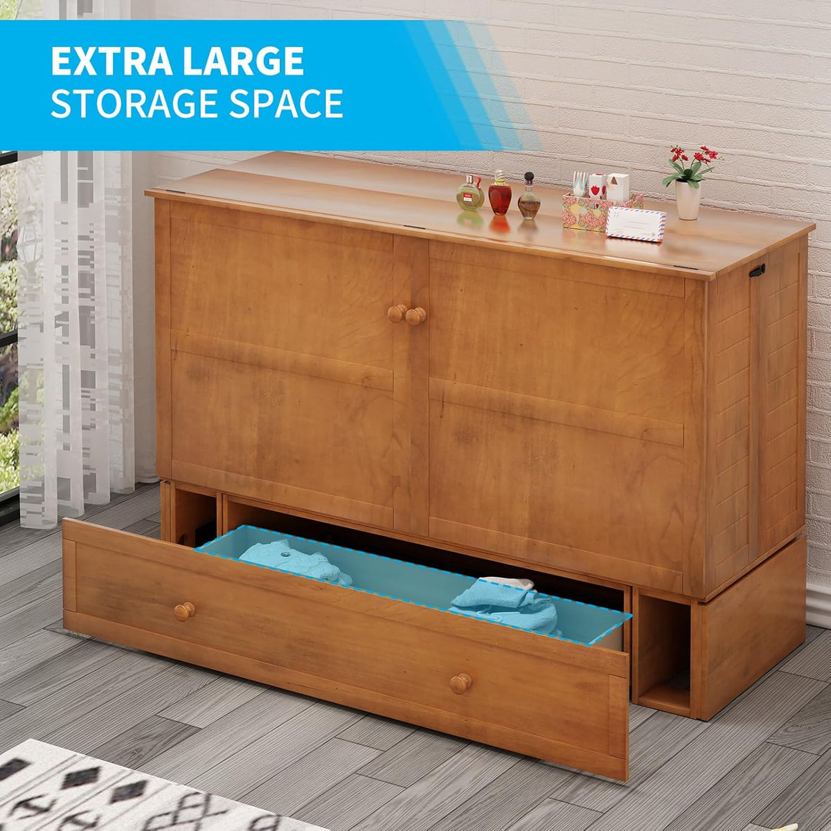 Queen Size Murphy Bed with Foldable Foam Mattress and Storage Drawer (Cherry) B688