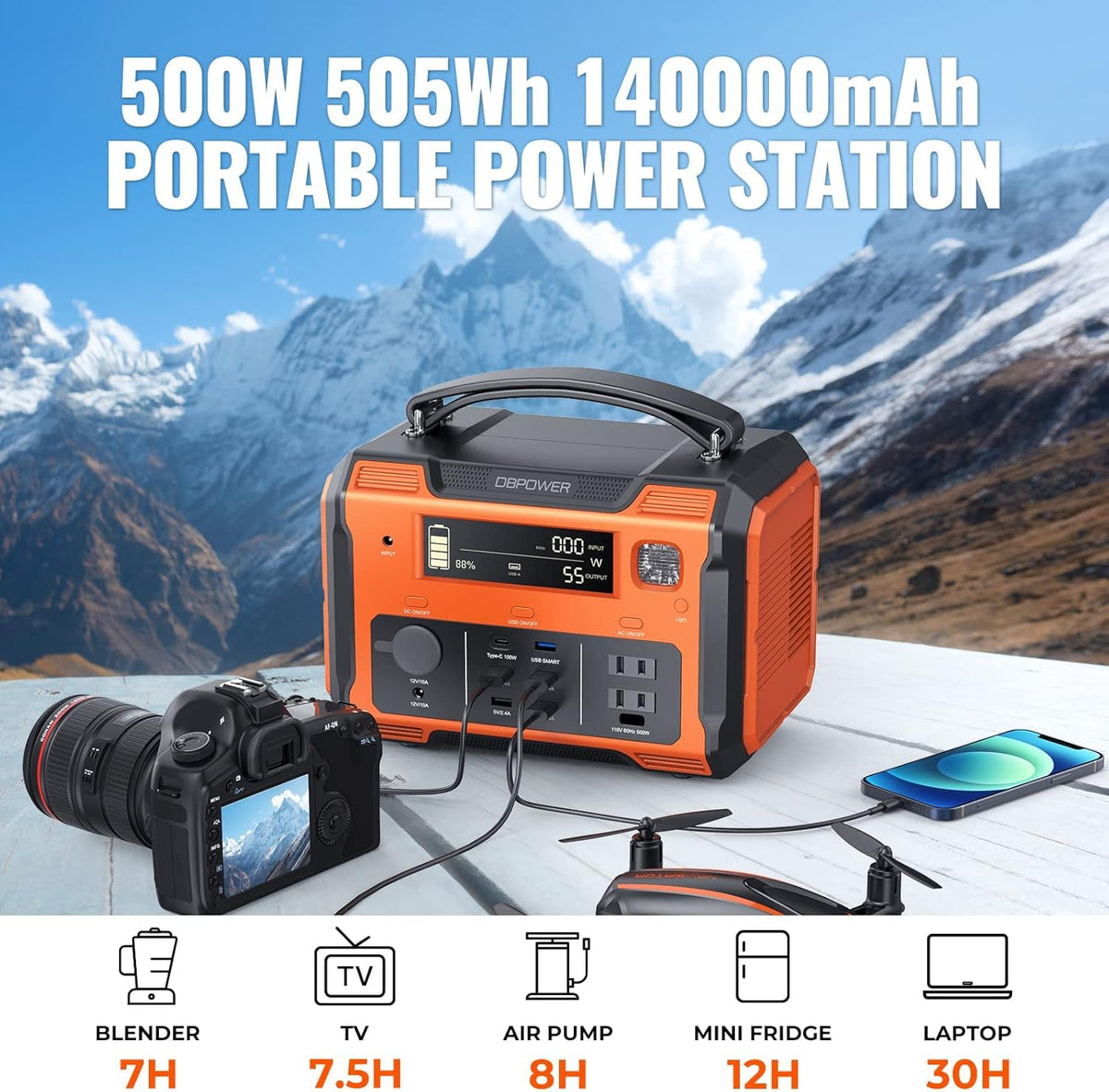 Portable Power Station 505Wh 500W Lithium Battery Pack with 110V AC Outlet SOS LED B654461