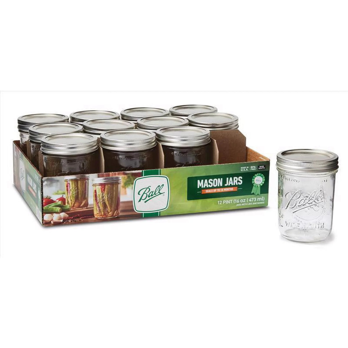 12 Count 16 oz Clear Glass Mason Jars with Lids & Bands D921
