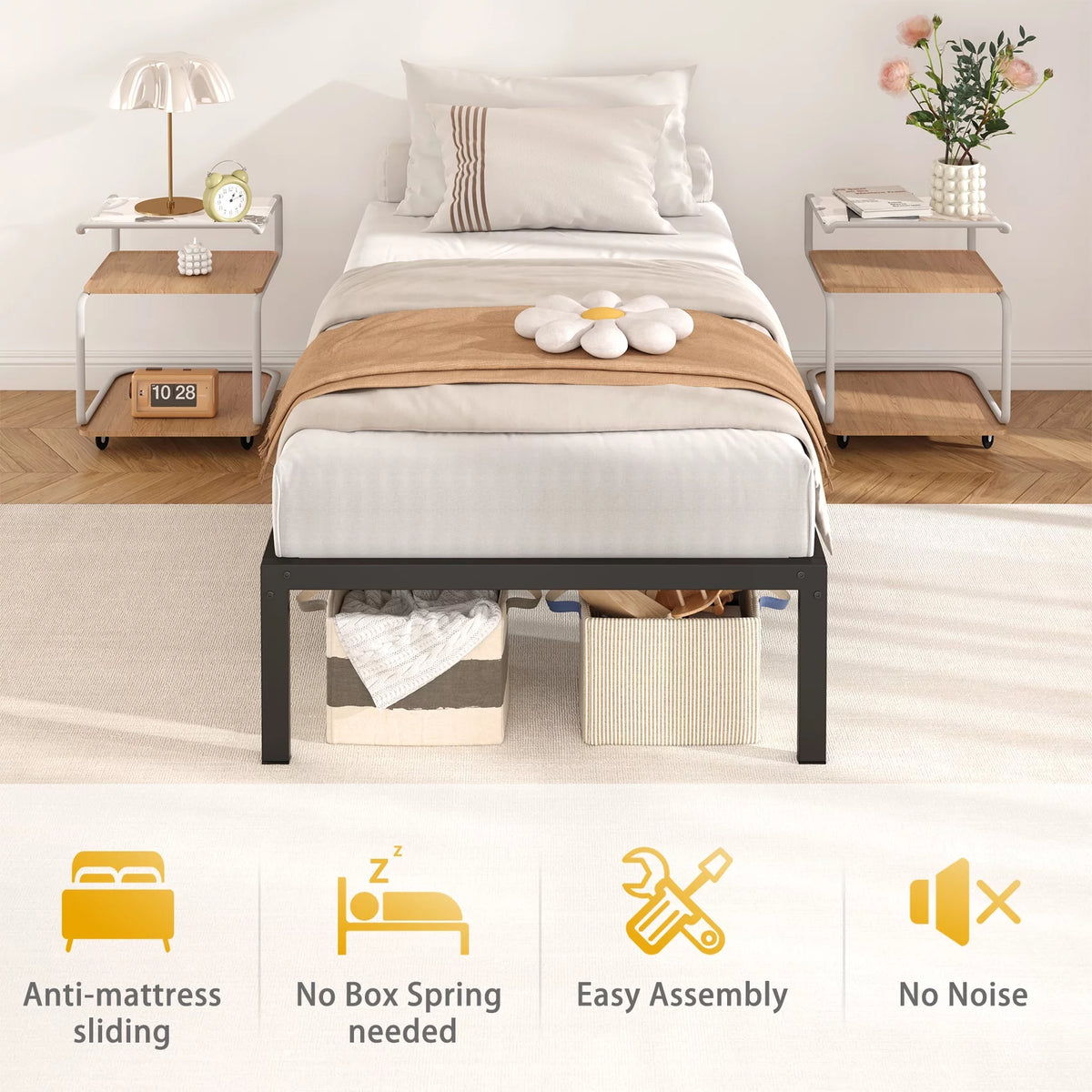 Black Twin Size Metal Platform Bed Frame with 14 inch Under Bed Storage C2032