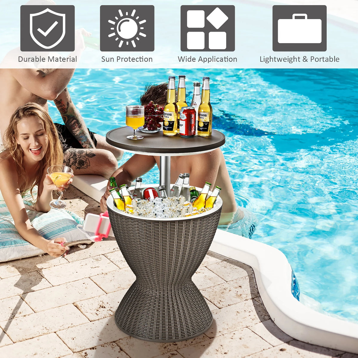 8 Gallon 3 in 1 Patio Rattan Cooler Bar Table Brown T701