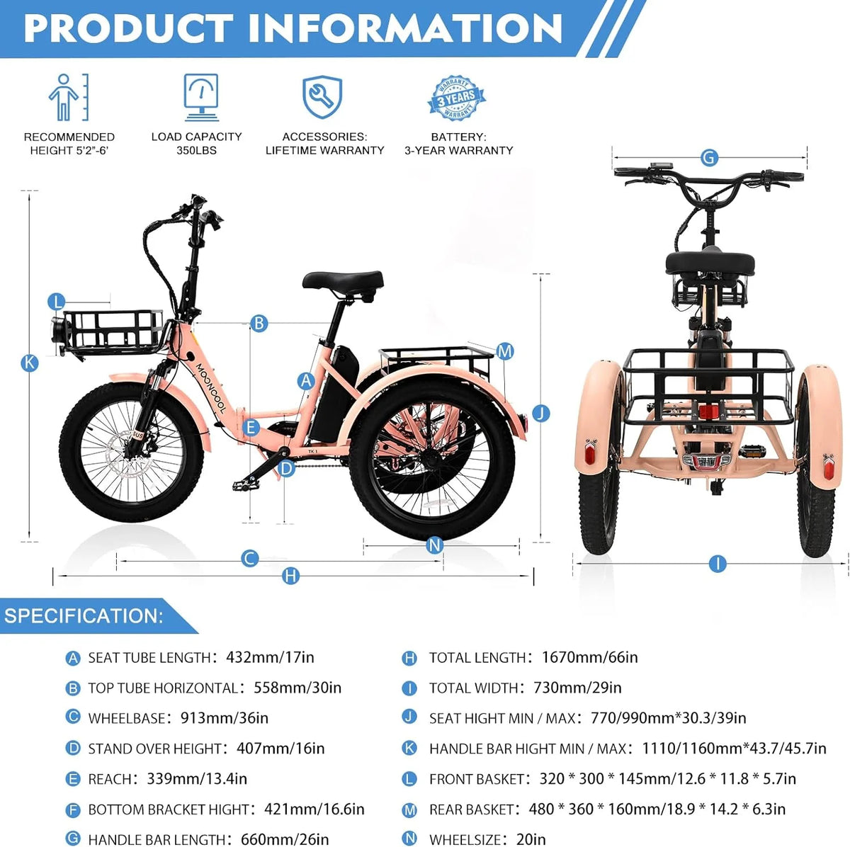 24/26 Electric Tricycle 350W 36V 7 Speeds with Large Basket C34440
