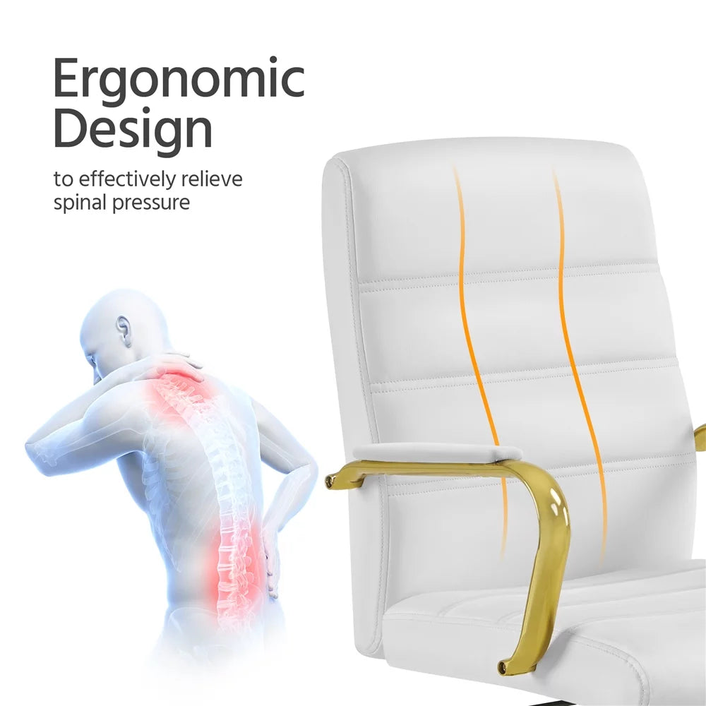 White Mid-Back Swivel PU Leather Office Chair with Gold Frame I286