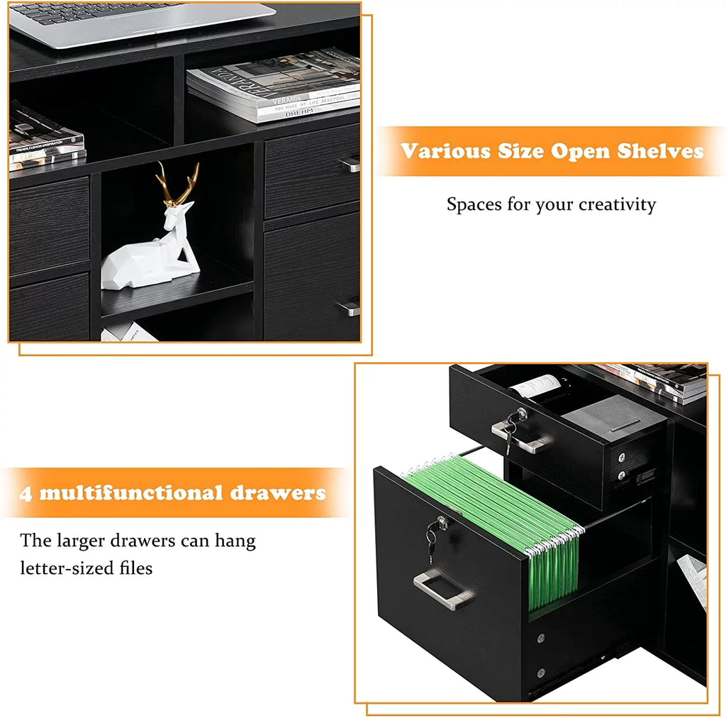 Black 4-Drawer Wood File Cabinet with Lock and Shelves S383767