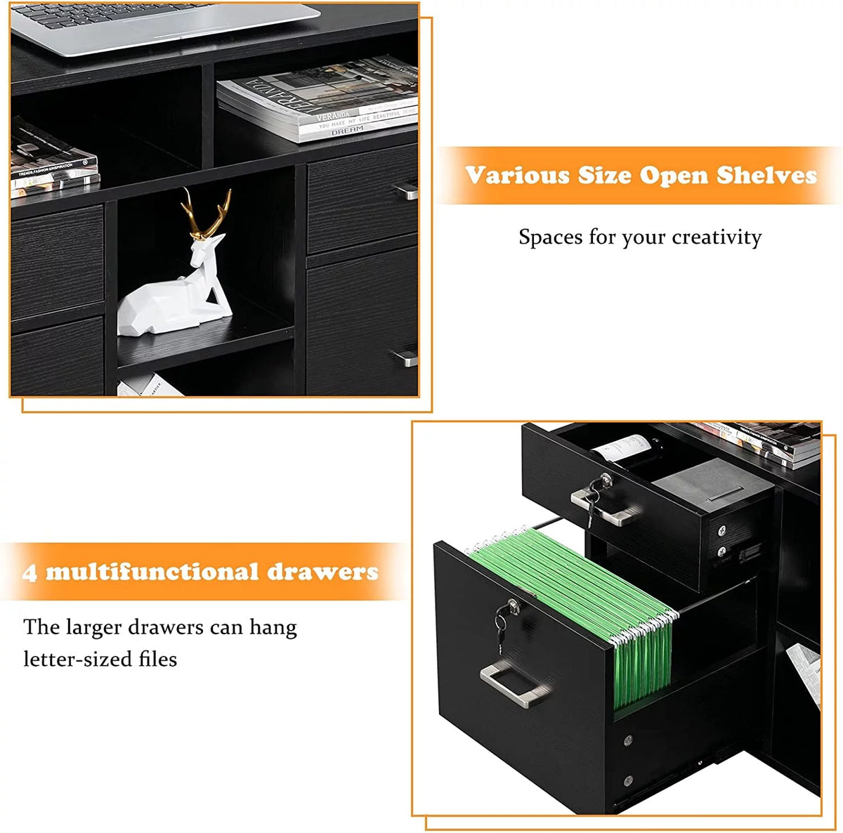 Black 4-Drawer Wood File Cabinet with Lock and Shelves S383767