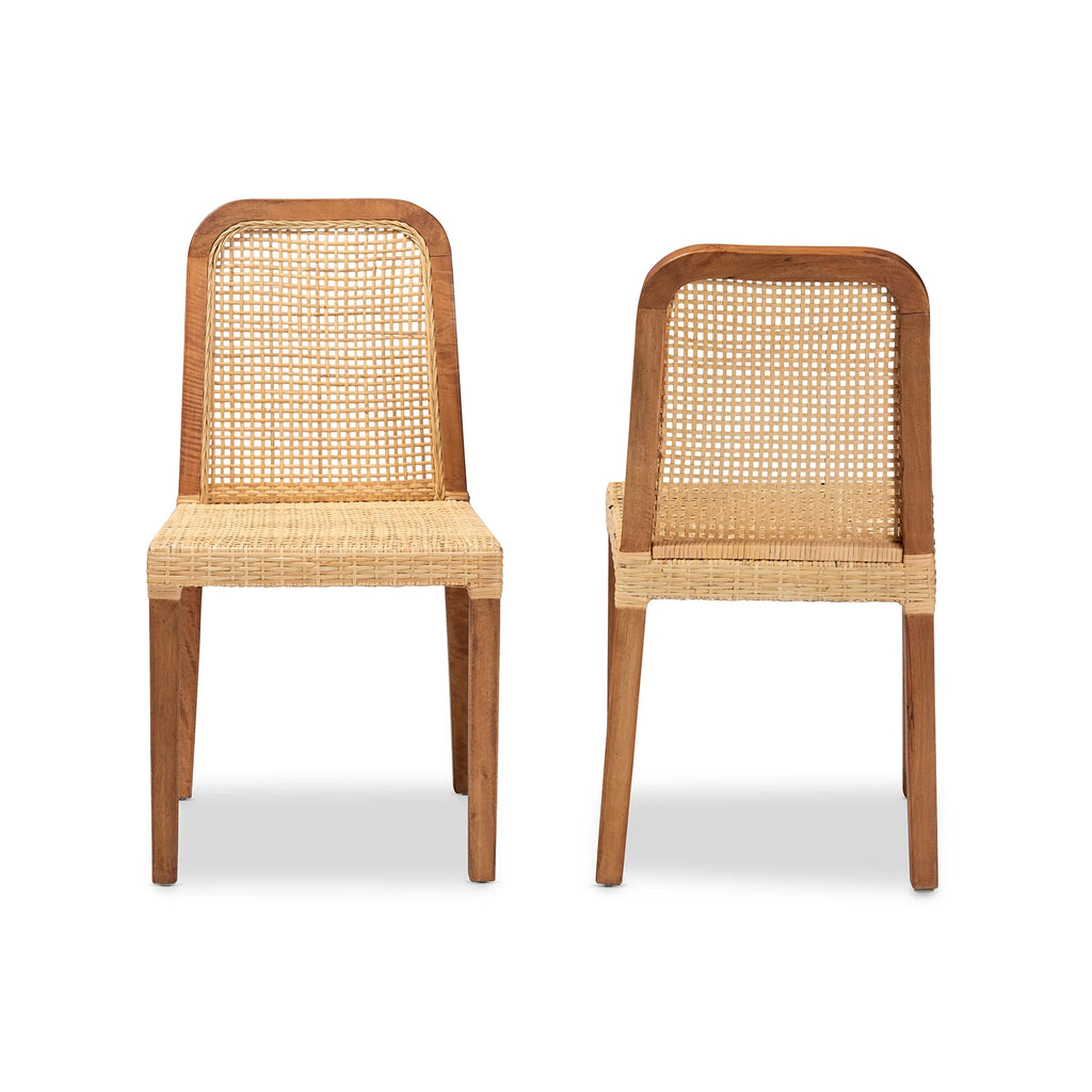 Walnut Brown Wood and Natural Rattan 2-Piece Dining Chair Set T93011