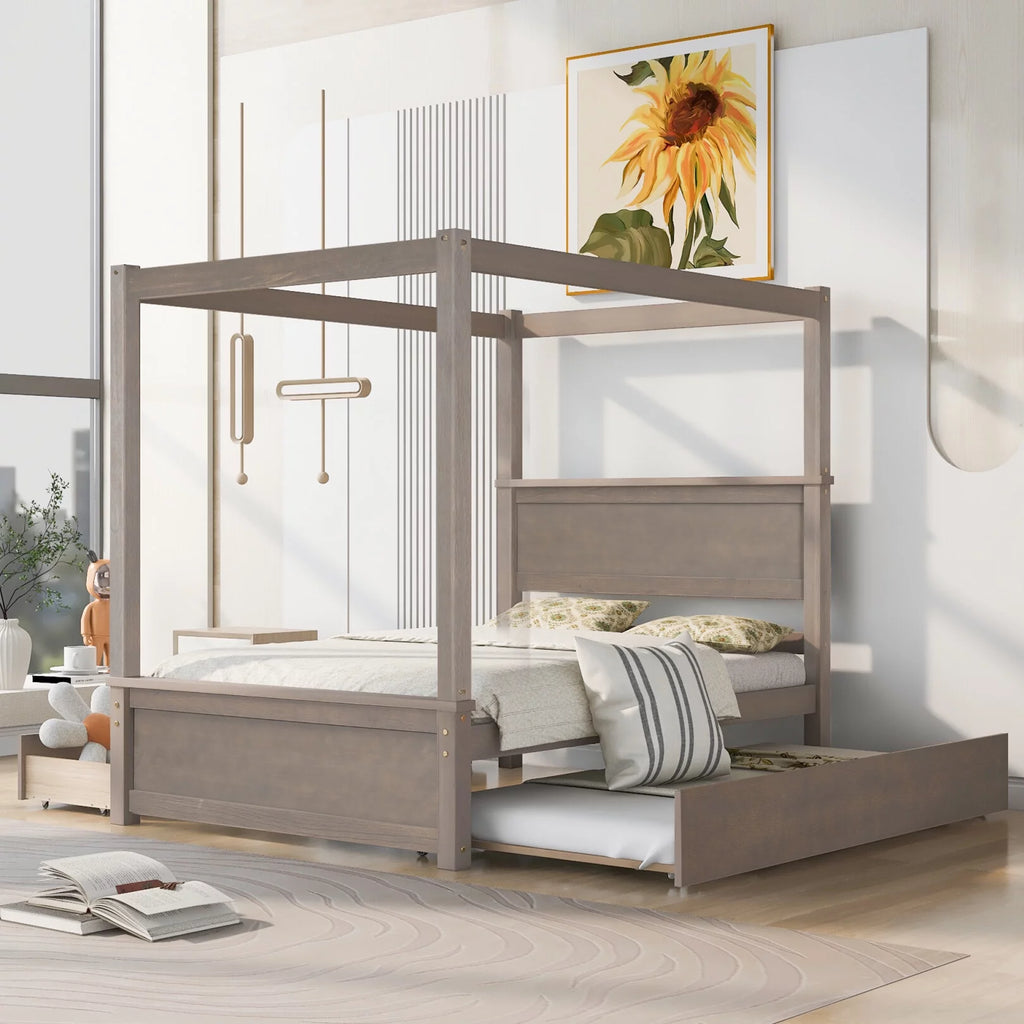 Full Size White Wood Canopy Platform Bed with Trundle Q484