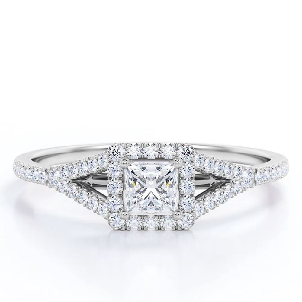 18K White Gold over Silver Princess Cut Diamond Halo Engagement Ring U808