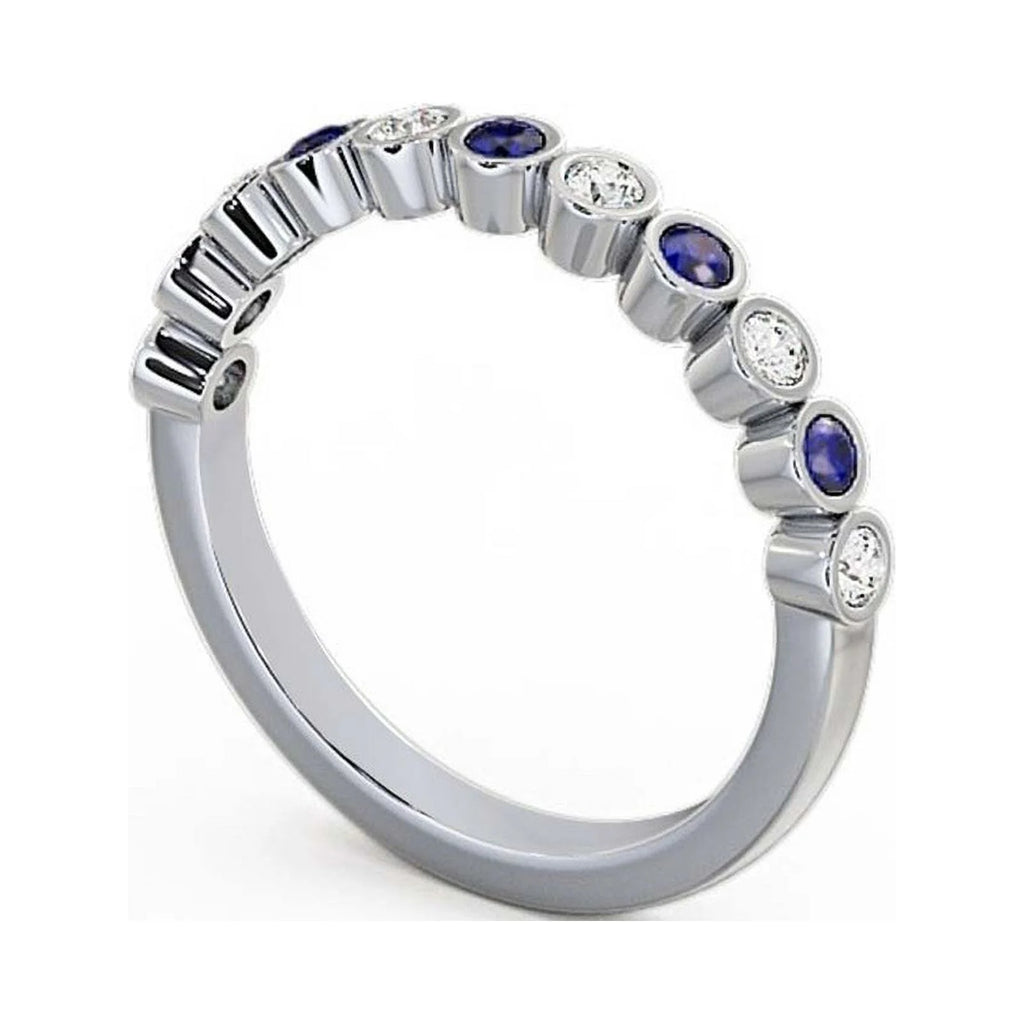 14K White Gold Eternity Band with Round Cut Diamond and Blue Sapphire A222484
