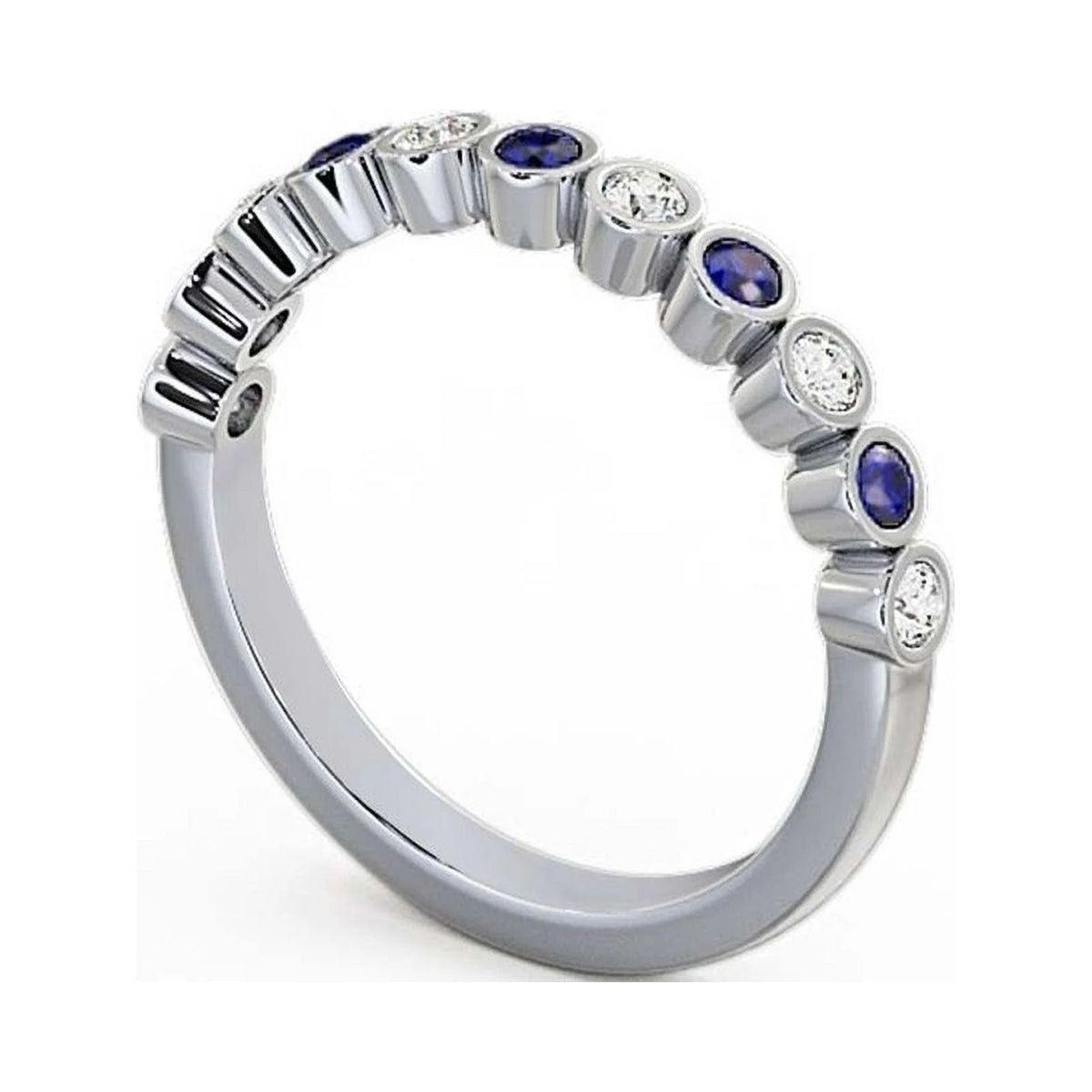 14K White Gold Eternity Band with Round Cut Diamond and Blue Sapphire A222484