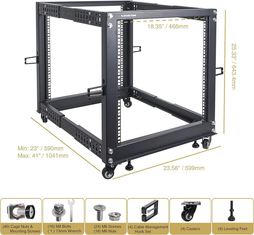 12U Open Frame Server and Network Equipment Rack with Adjustable Depth, Casters, Levelers, Cable Management O246