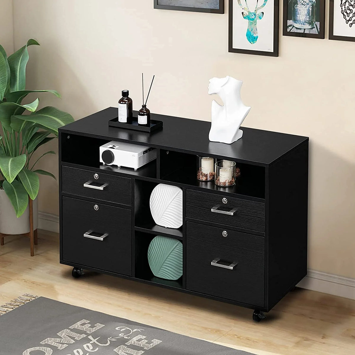 Black 4-Drawer Wood File Cabinet with Lock and Shelves S383767