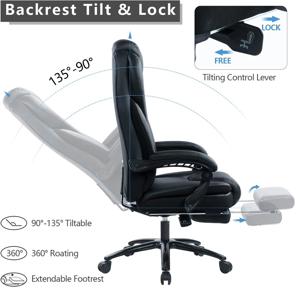 Big and Tall Leather Office Chair with Memory Foam Cushion and Footrest K178