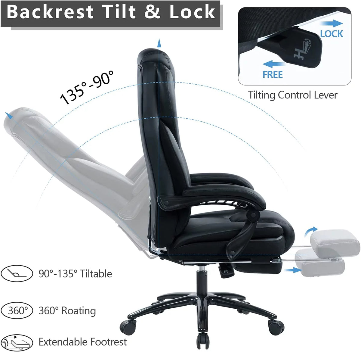 Big and Tall Leather Office Chair with Memory Foam Cushion and Footrest K178