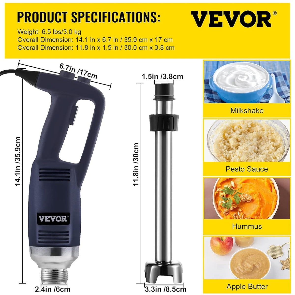 Commercial Immersion Blender 500W 304 Stainless Steel with 11.8" Removable Shaft L1089