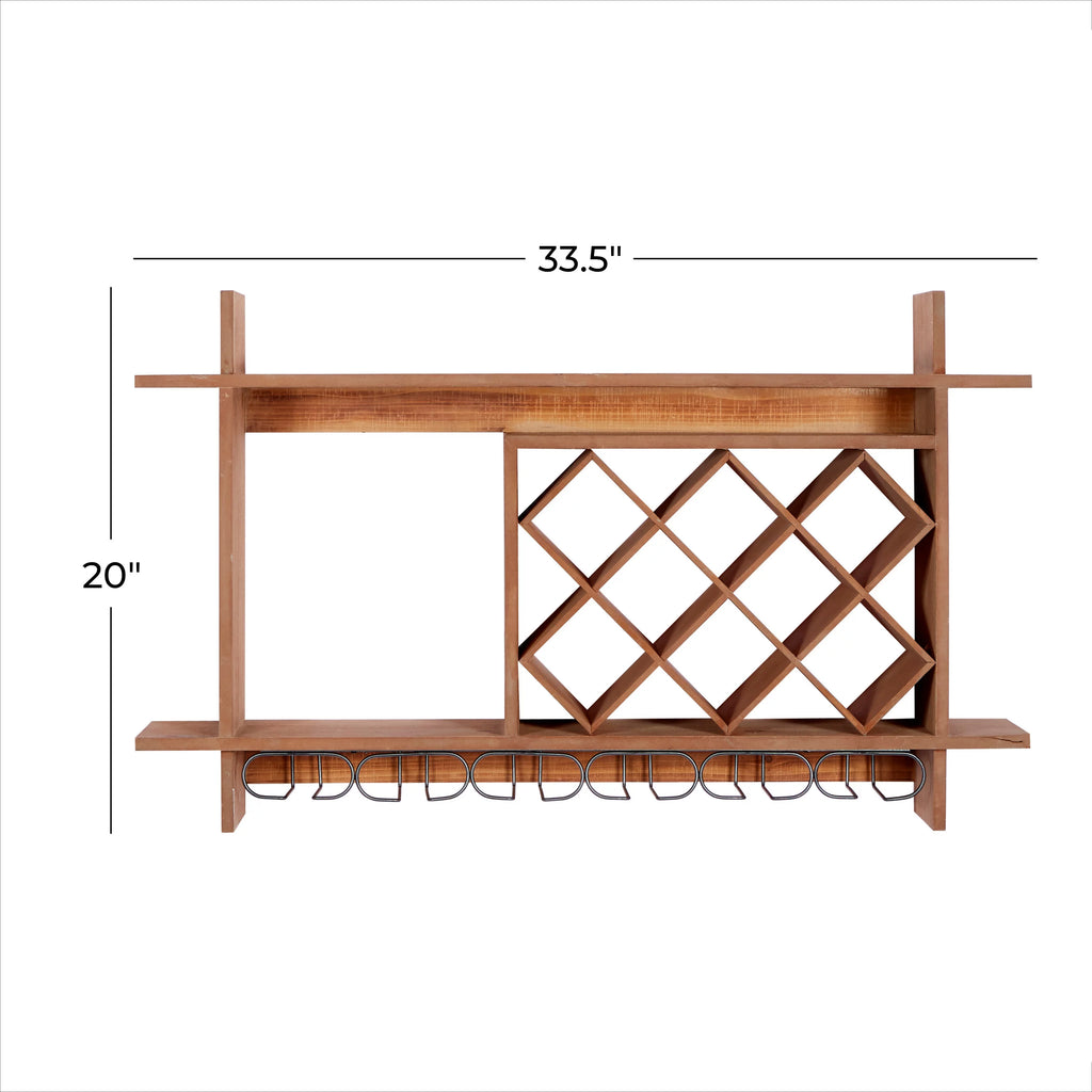 Brown Wood 8 Bottles Wall Wine Rack with 6 Glass Holder Slots Q222