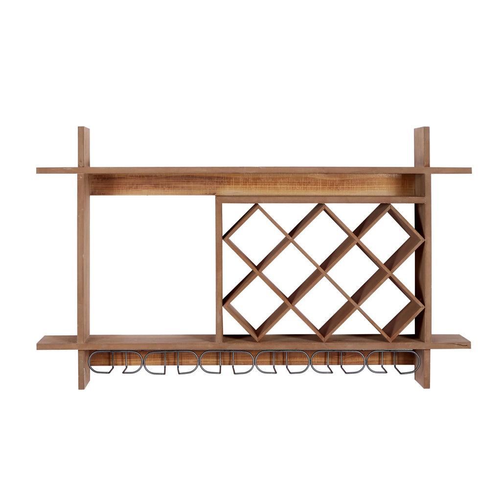 Brown Wood 8 Bottles Wall Wine Rack with 6 Glass Holder Slots Q222