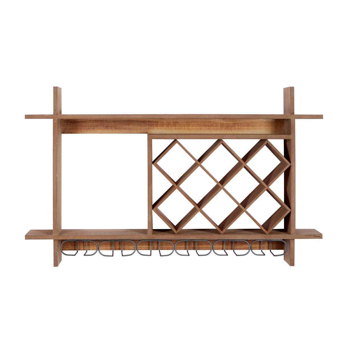 Brown Wood 8 Bottles Wall Wine Rack with 6 Glass Holder Slots Q222
