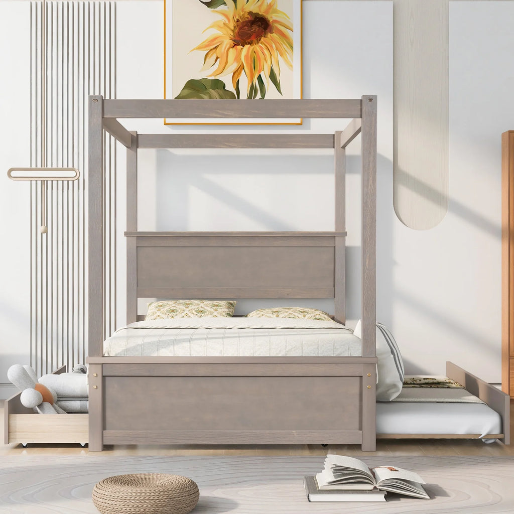 Full Size White Wood Canopy Platform Bed with Trundle Q484