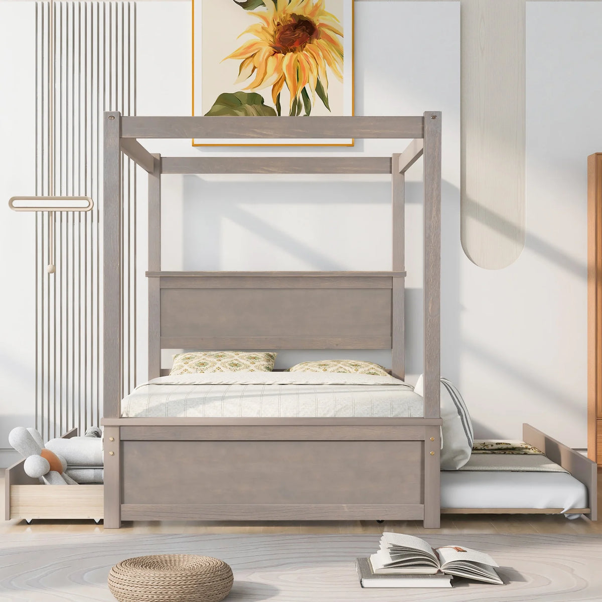 Full Size White Wood Canopy Platform Bed with Trundle Q484