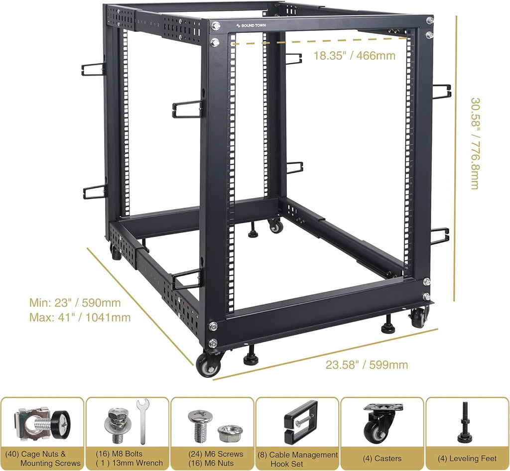 12U Open Frame Server and Network Equipment Rack with Adjustable Depth, Casters, Levelers, Cable Management O246
