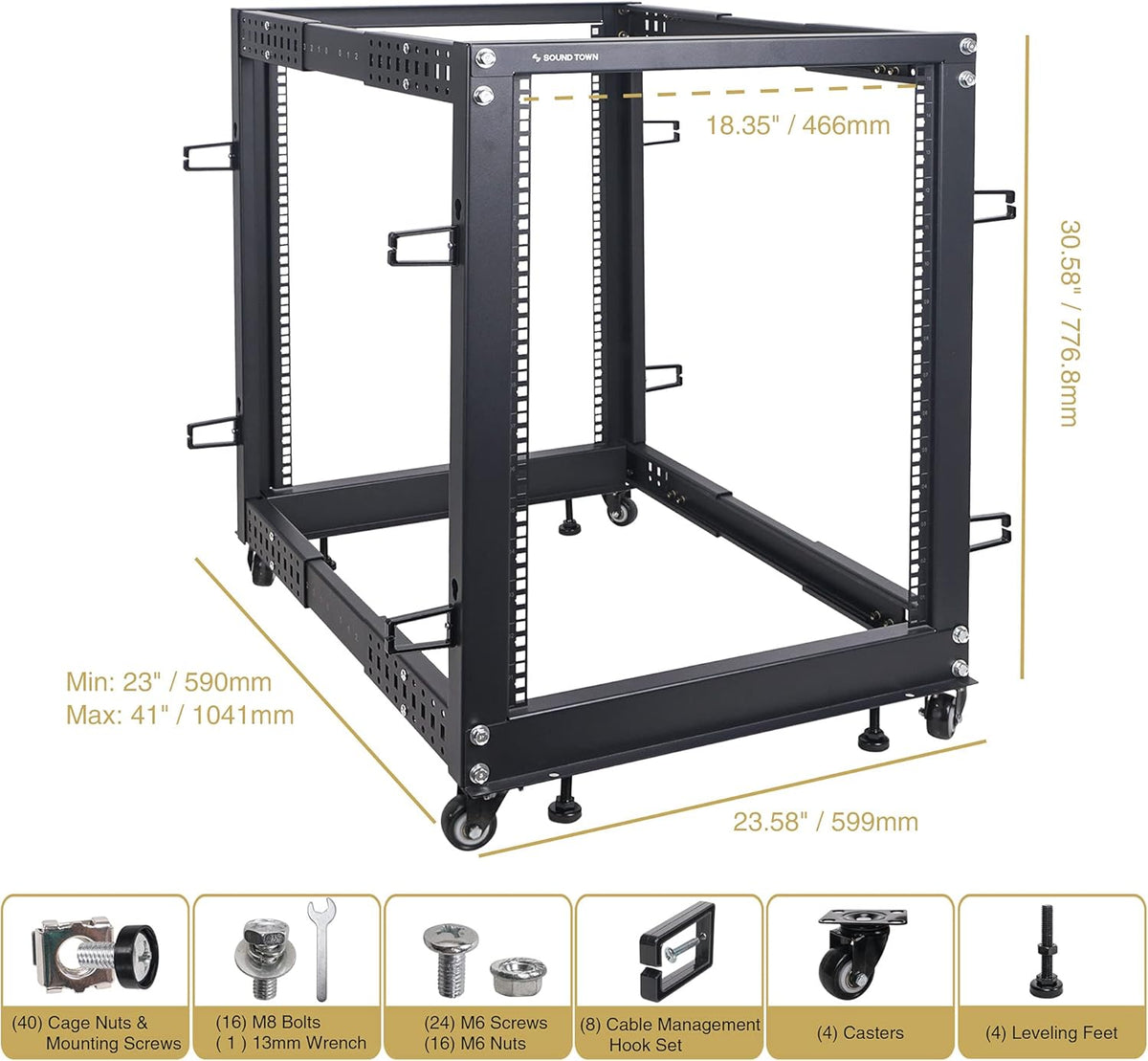 12U Open Frame Server and Network Equipment Rack with Adjustable Depth, Casters, Levelers, Cable Management O246