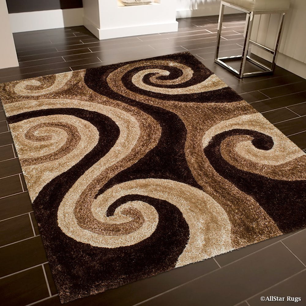 Shaggy Area Rug with 3D Brown Spiral Design 5' x 7' B6266