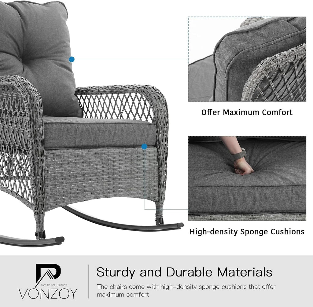 3-Piece Wicker Outdoor Rocking Chairs with Cushions and Table S106
