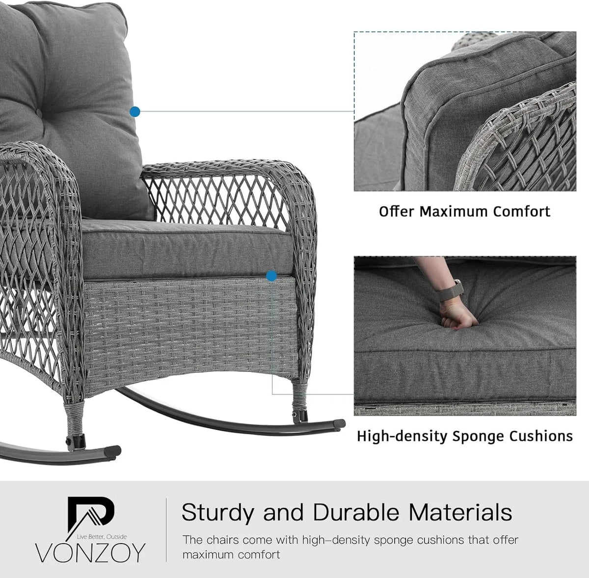 3-Piece Wicker Outdoor Rocking Chairs with Cushions and Table S106